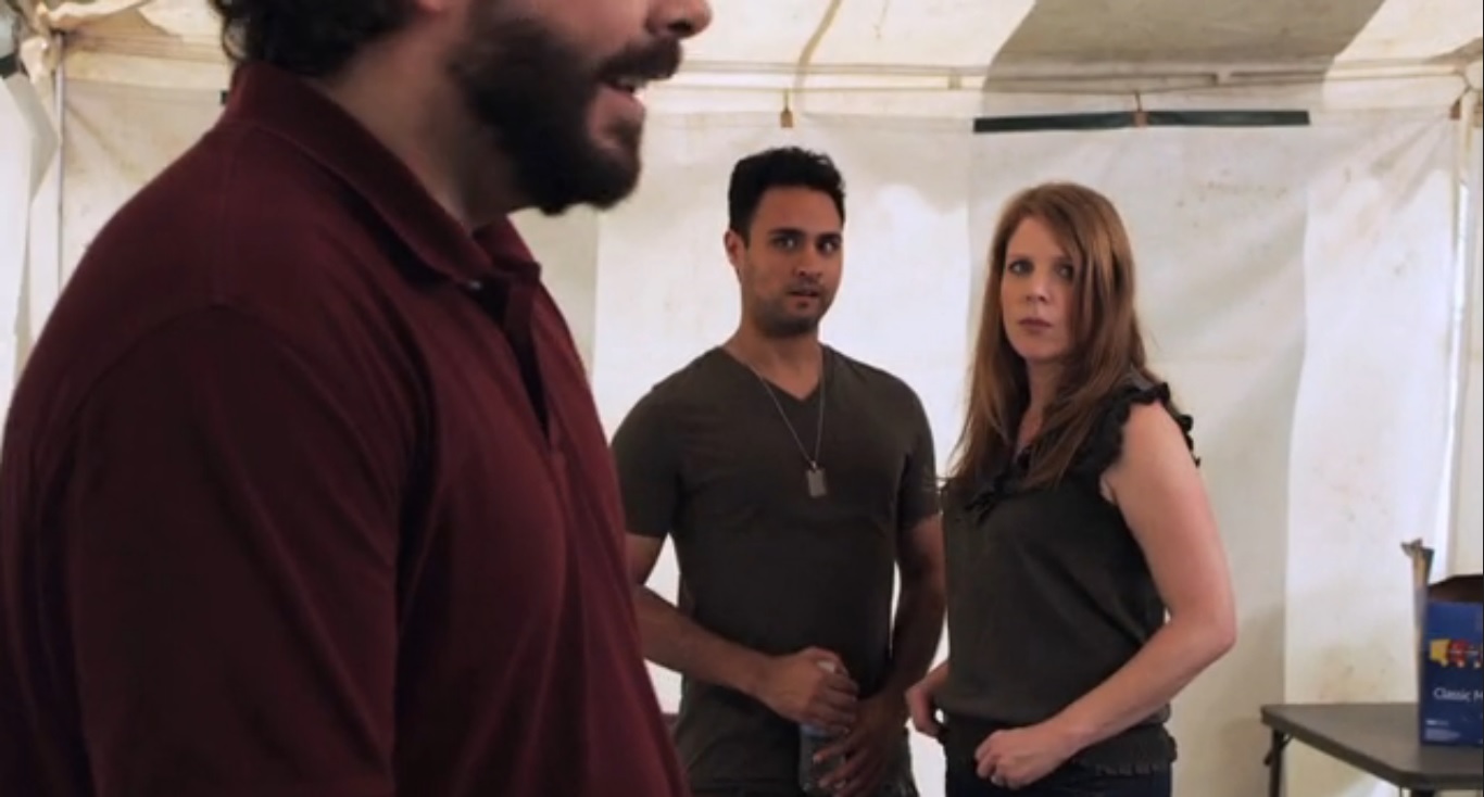 Omer Mughal, Matthew Cornwell, and Brooke Jaye Taylor still shot from Becky & Barry.