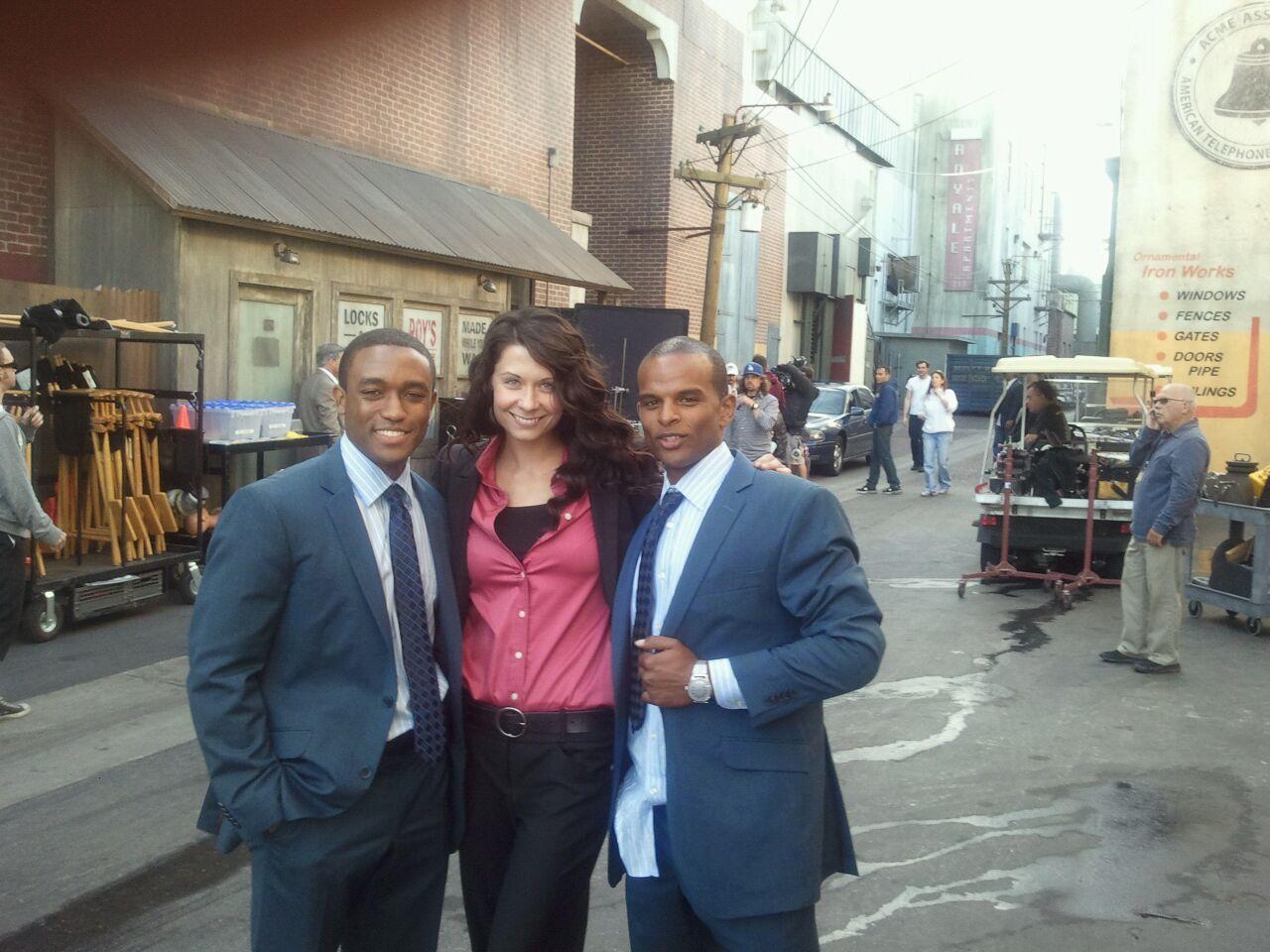 Jahnel Curfman doubling Angie Harmon on the set of Rizzoli and Isles with Lee Thompson Young and Philipos Haile