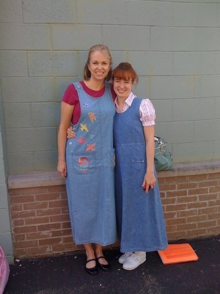 Actors Heather Del Rio and Wendy Zavaleta show off their jean jumpers as they prepare to shoot a scene in Paradise Recovered.