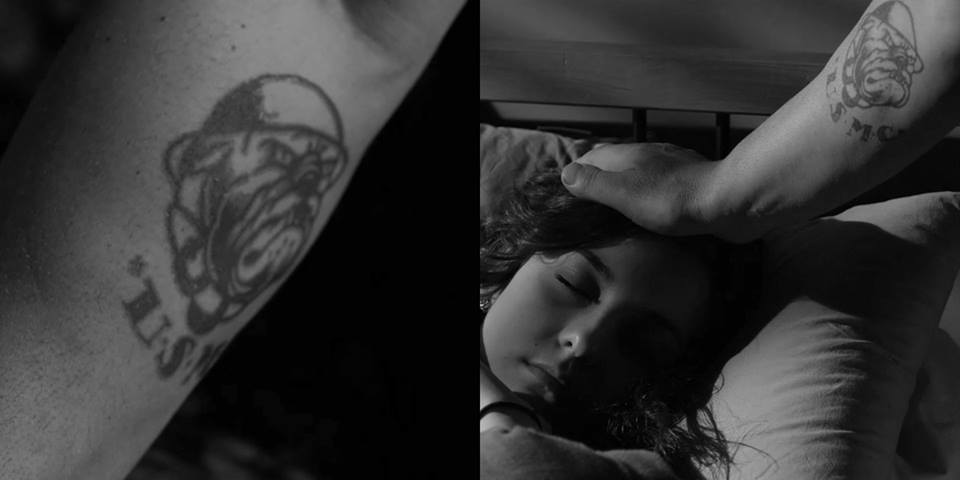 Louis Mandylor's USMC tattoo and still of Emily Stranges in the movie Tension(s)