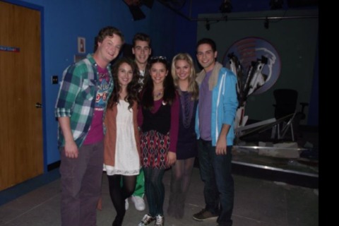 Emily and TV series cast of Whats Up Warthogs. Eduard Witzke, Aidan Shipley, Ana Golja, Karissa Staples, Tiago Abreu.