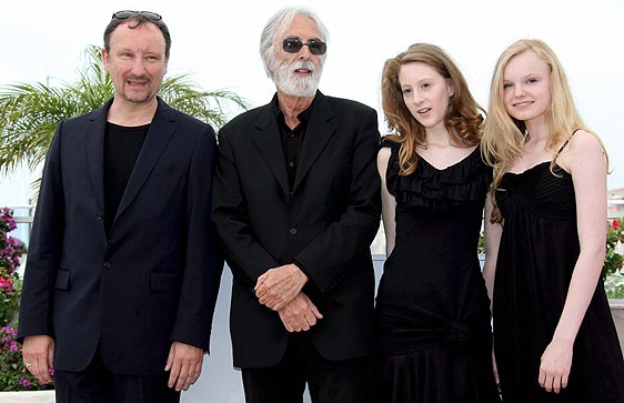 Rainer Bock, director Michael Haneke, Roxane Duran and Maria Dragus at the Cannes Film Festival 2009 for 