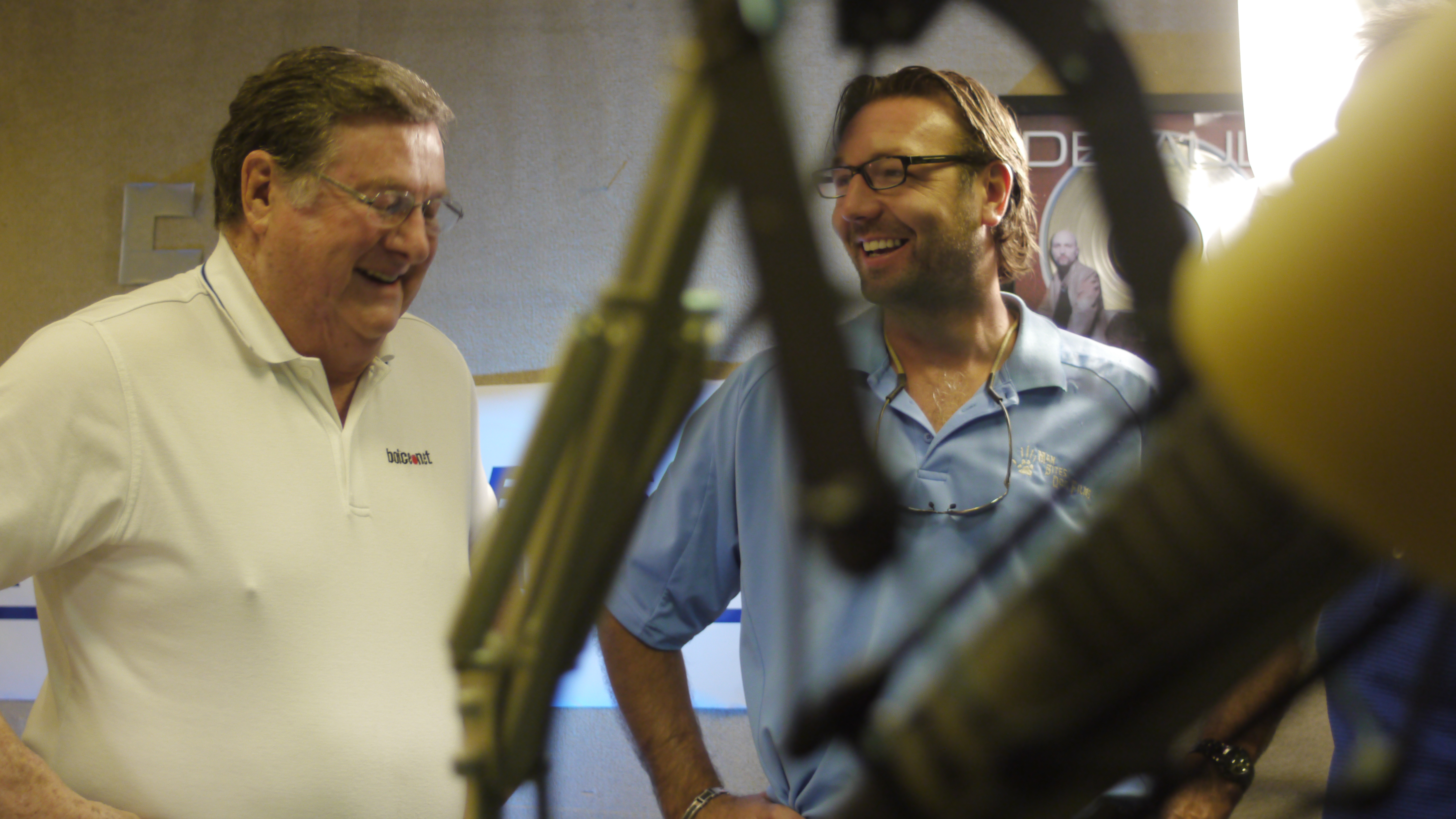 Producer Wm. Wade Smith with legendary Coach Joe B Hall inside the Z-Rock Radio Station in Lexington, Kentucky. Filming Red v Blue