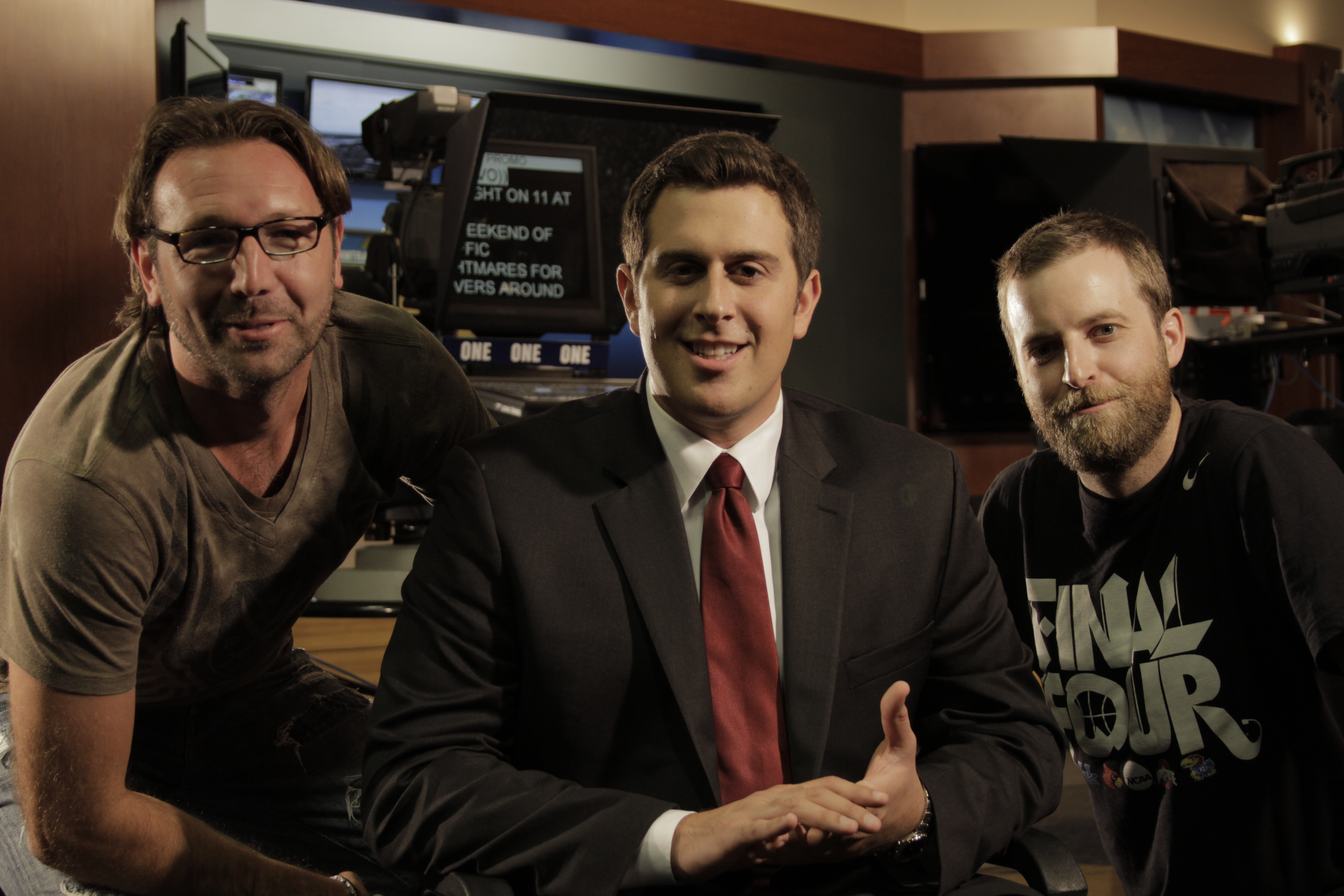 Producer Wm. Wade Smith, Adam Lefkoe, and Director Rory Owen Delaney filming for Red v Blue at WHAS Studios in Louisville, Kentucky