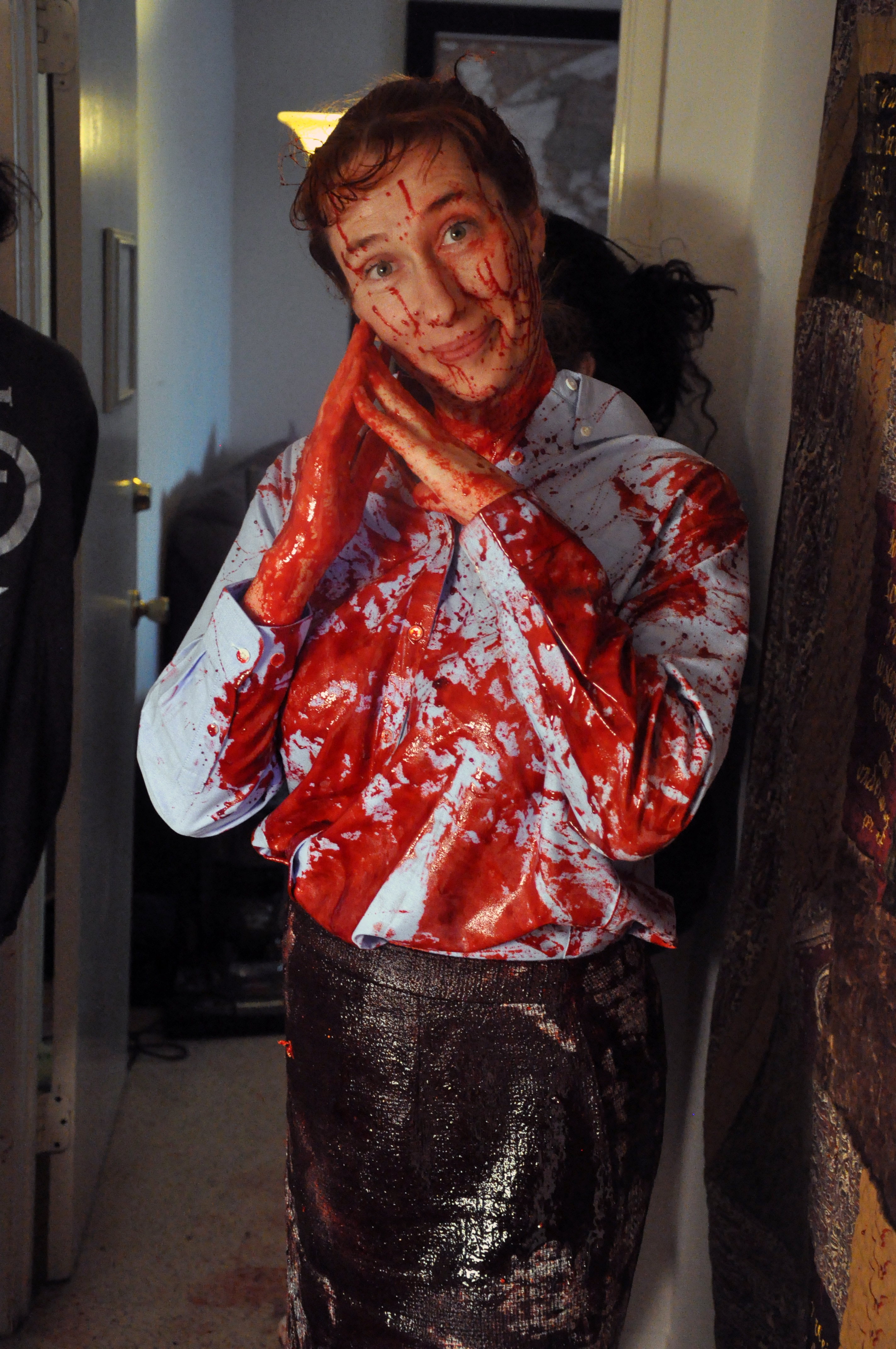 covered in fake blood on the set of 