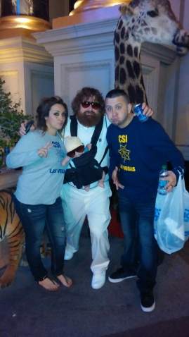 Lorena Rivas, Thomas Rivas on Las Vegas Blvd with Zack Galifianakis impersonator