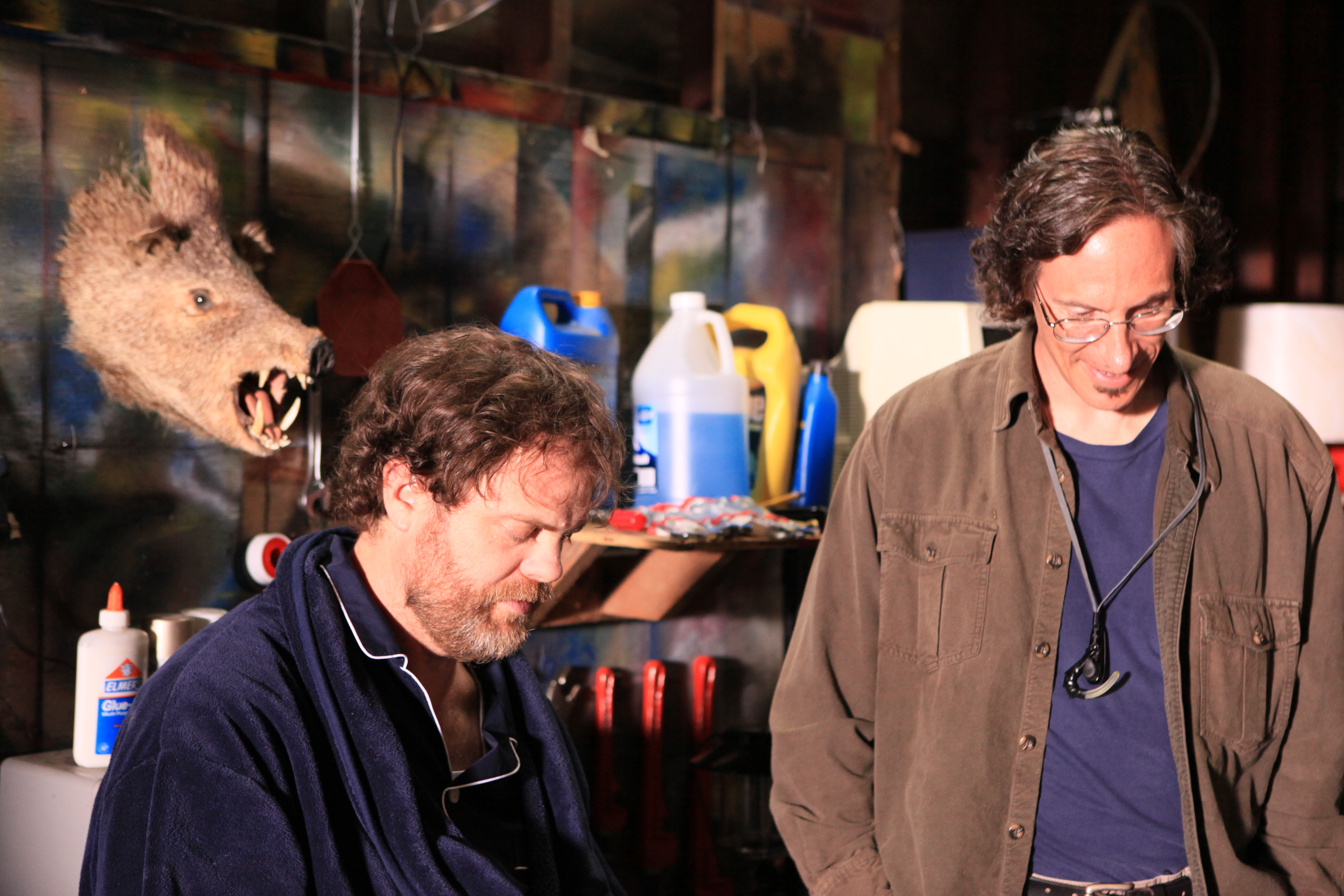 Actor Rainn Wilson with Director George Pappy on the set of 