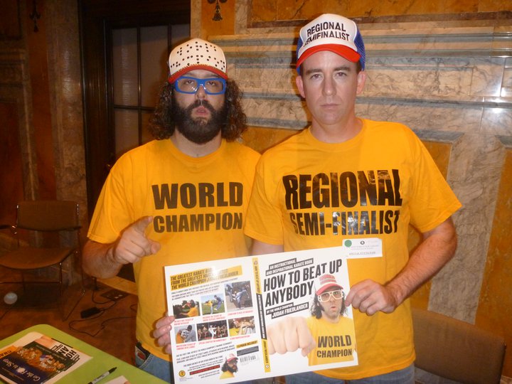 Danny McDermott and Judah Friedlander promoting his book at the reading of the adult children's book, Go the Fuck to Sleep.