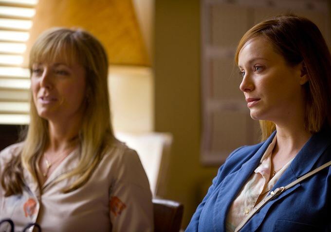 Production still from DARK PLACES featuring Jennifer Pierce Mathus (l, as Aunt Diane) and Christina Hendricks (r, as Patty Day).