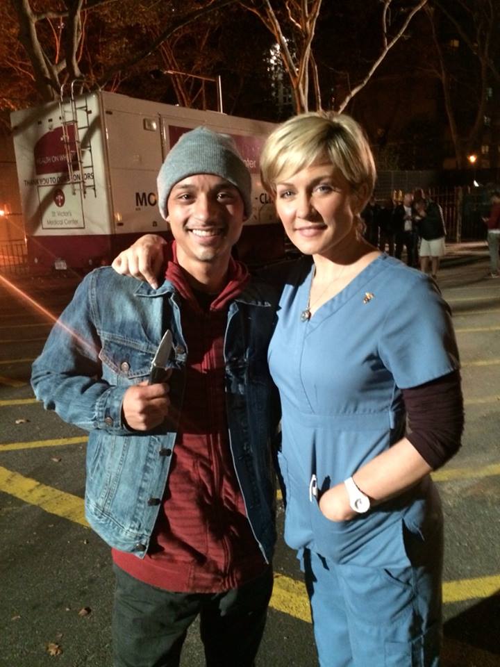 Joshua Rivera & Amy Carlson on set 'Blue Bloods'2014