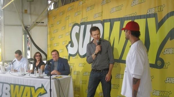 E! Soup's Joel McHale hosting a Subway casting commercial in Hollywood, Ca. in '08, featuring Christian Cage