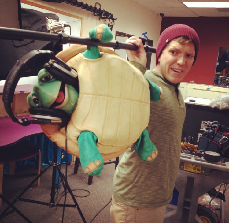 Ty The Turtle helping Christopher J. Tomlinson on sound.