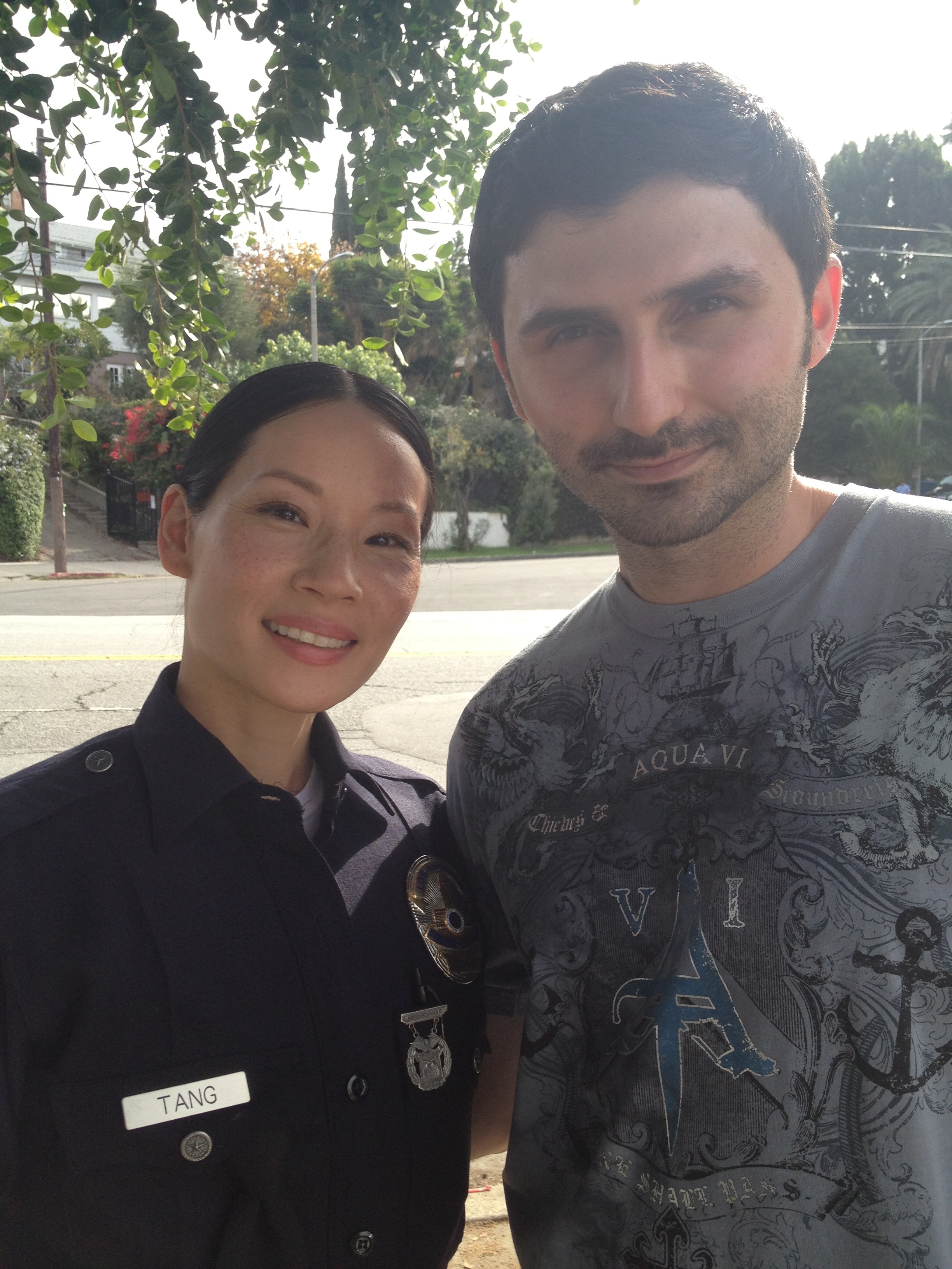 Nazo Bravo and Lucy Liu on set for SouthLAnd