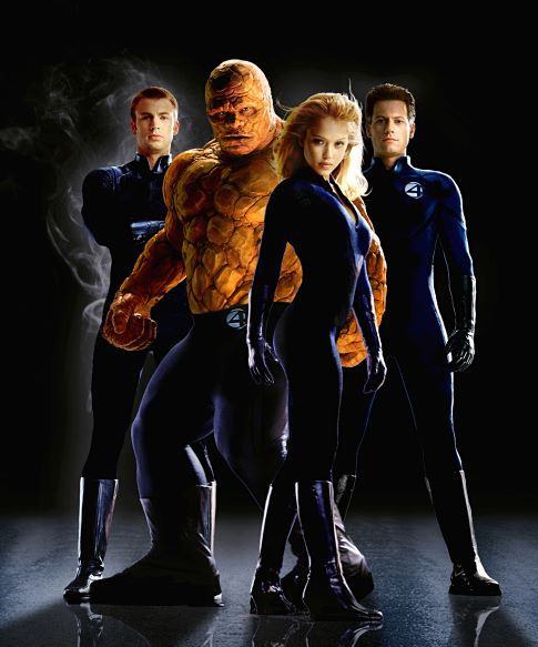 The FANTASTIC FOUR are (left to right): Chris Evans (as The Human Torch), Michael Chiklis (The Thing), Jessica Alba (The Invisible Woman) and Ioan Gruffudd (Mr. Fantastic).