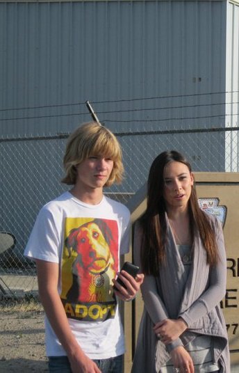 Lou Wegner and Malese Jow filming a PSA at the Devore Animal Shelter, San Bernardino, CA