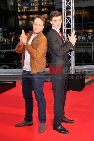 Martin Stange (left) and Patrick Mölleken (right) attend the world premiere of the film 'Hitman: Agent 47' at Sony Center on August 19, 2015 in Berlin, Germany