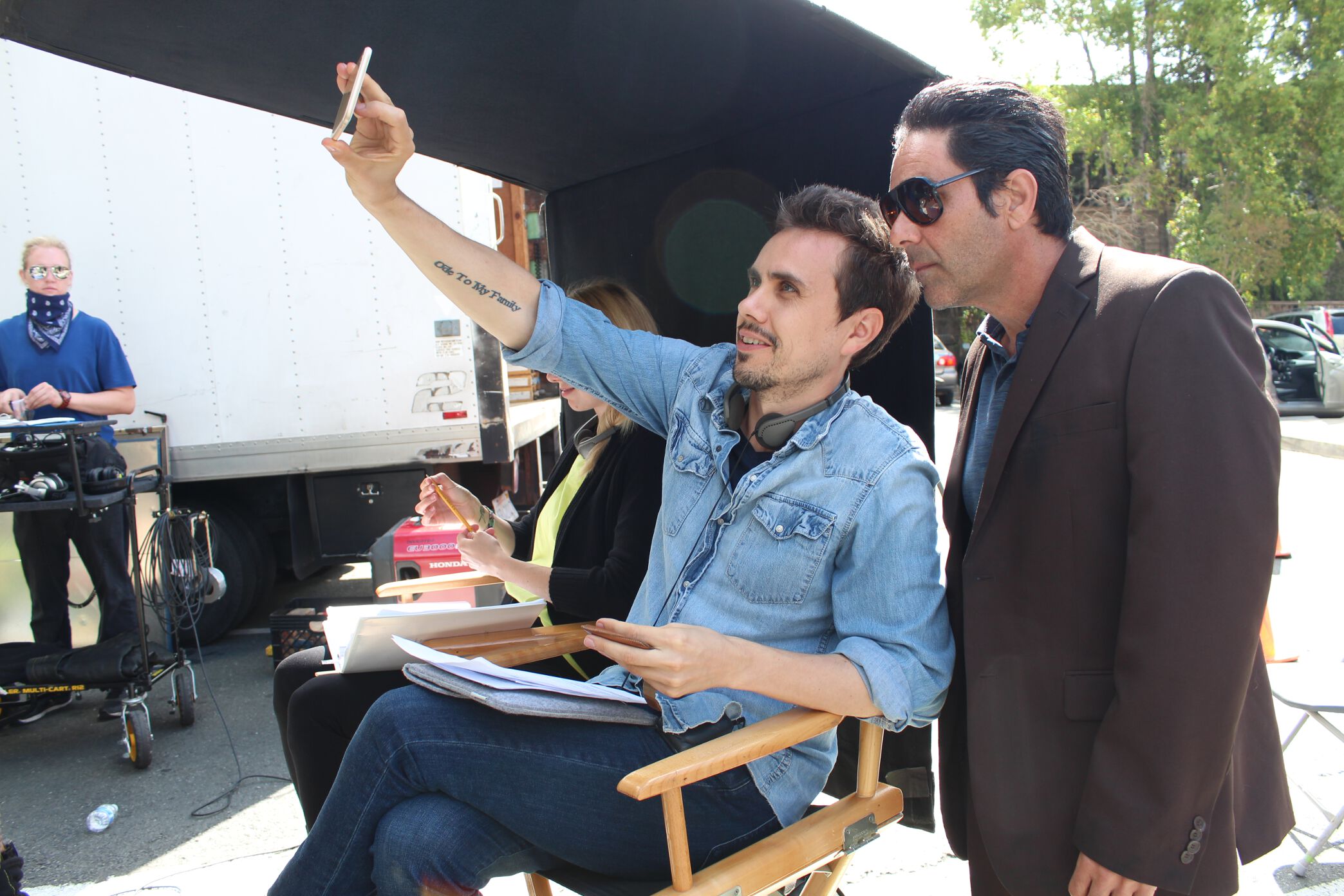 Erik Peter Carlson with Kevin Pinassi on the set of 'Wolf Mother' in Sonoma County, CA.
