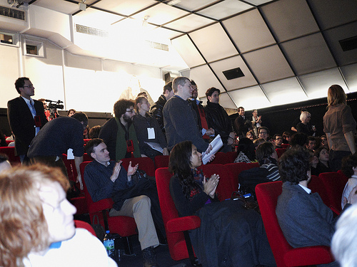 Filmmakers stand to applause at the opening sample screenings at the ECU European Independent Film Festival 2010 in partnership with G-Technology by Hitachi.