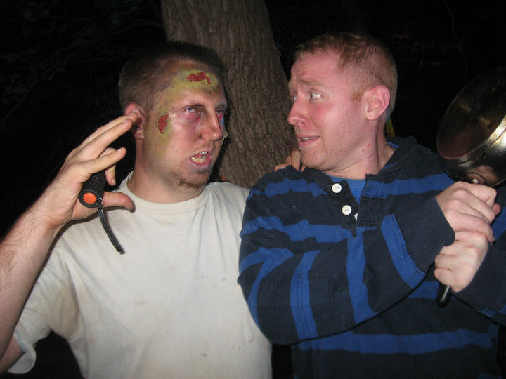 On the set of 'Blaming George Romero'. In Photo (From Left to Right) Blake Zawadzki (in zombie attire) and Sam Platizky.