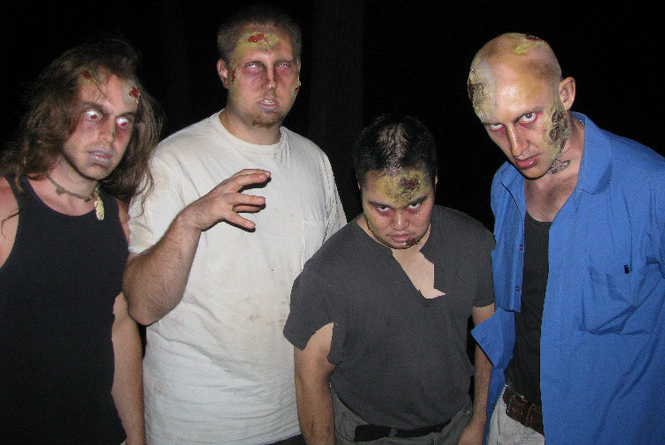 On set of 'Blaming George Romero'. In Photo (From Left to Right, in zombie attire) Jared Visco, Blake Zawadzki, Casey Okamoto, and Aaron Visco