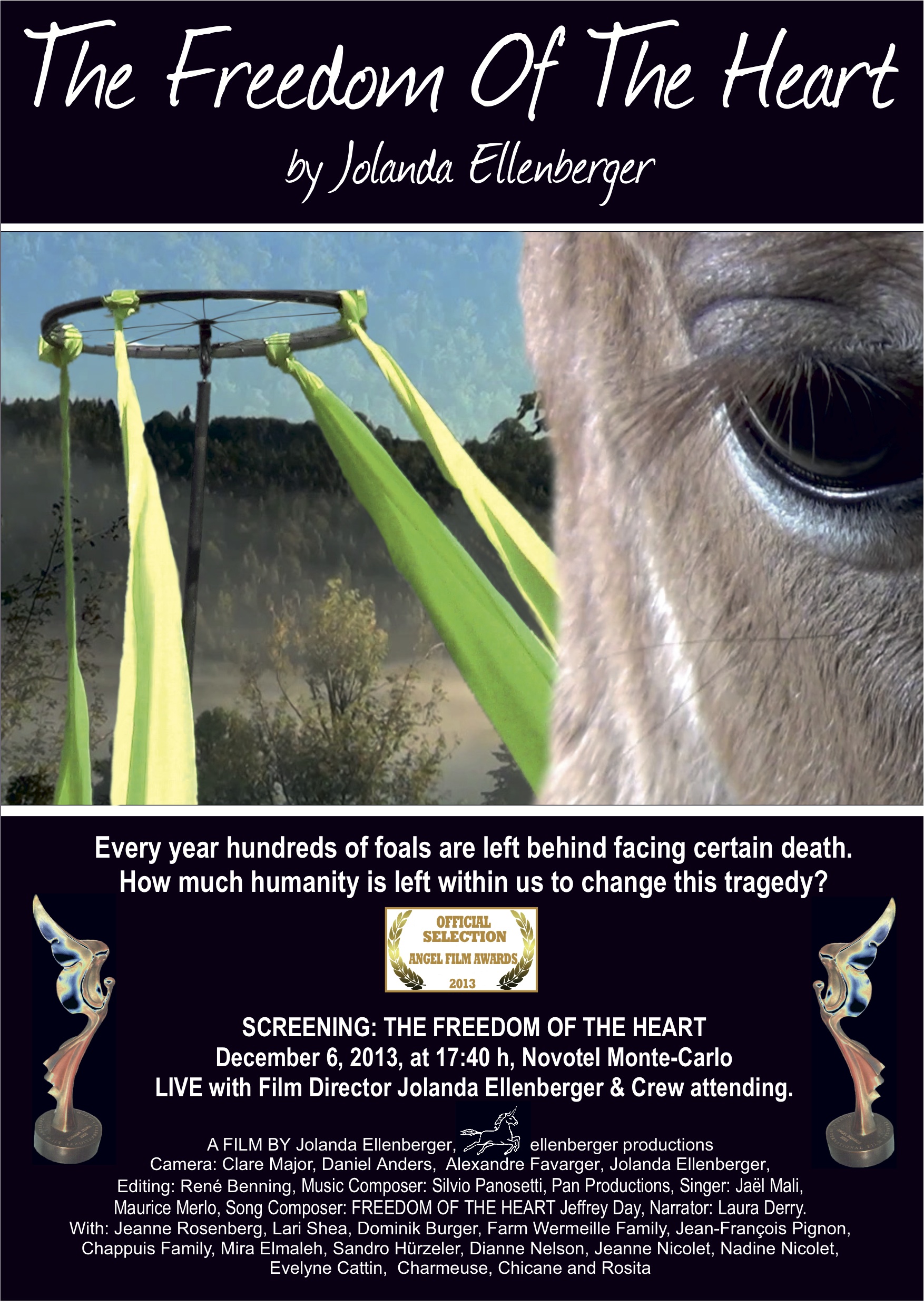 Jolanda Ellenberger's new short documentary THE FREEDOM OF THE HEART - THE FOAL STORY won the BEST HUMANITARIAN SHORT FILM ANGELS AWARD in Monaco on December 6, 2013 and the INDIE FEST AWARD OF MERIT on March 7, 2014.