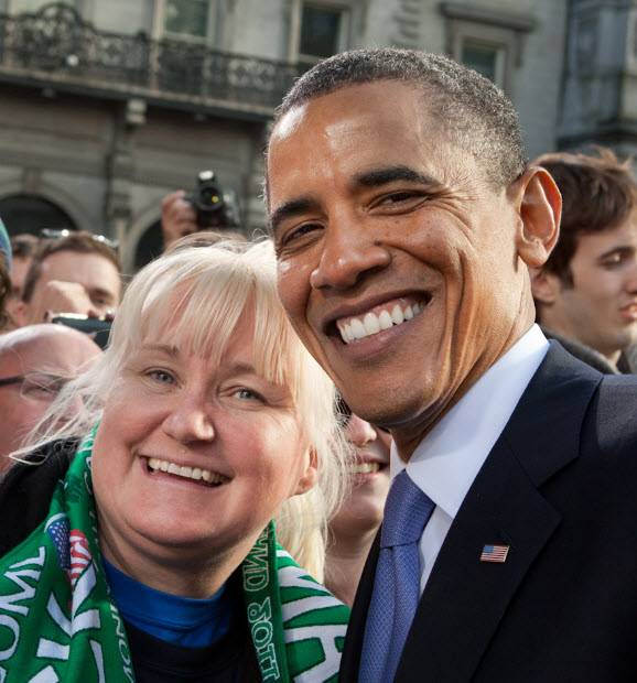 Barack Obama thanking genealogist Megan Smolenyak during his visit to the Irish ancestral hometown her research uncovered