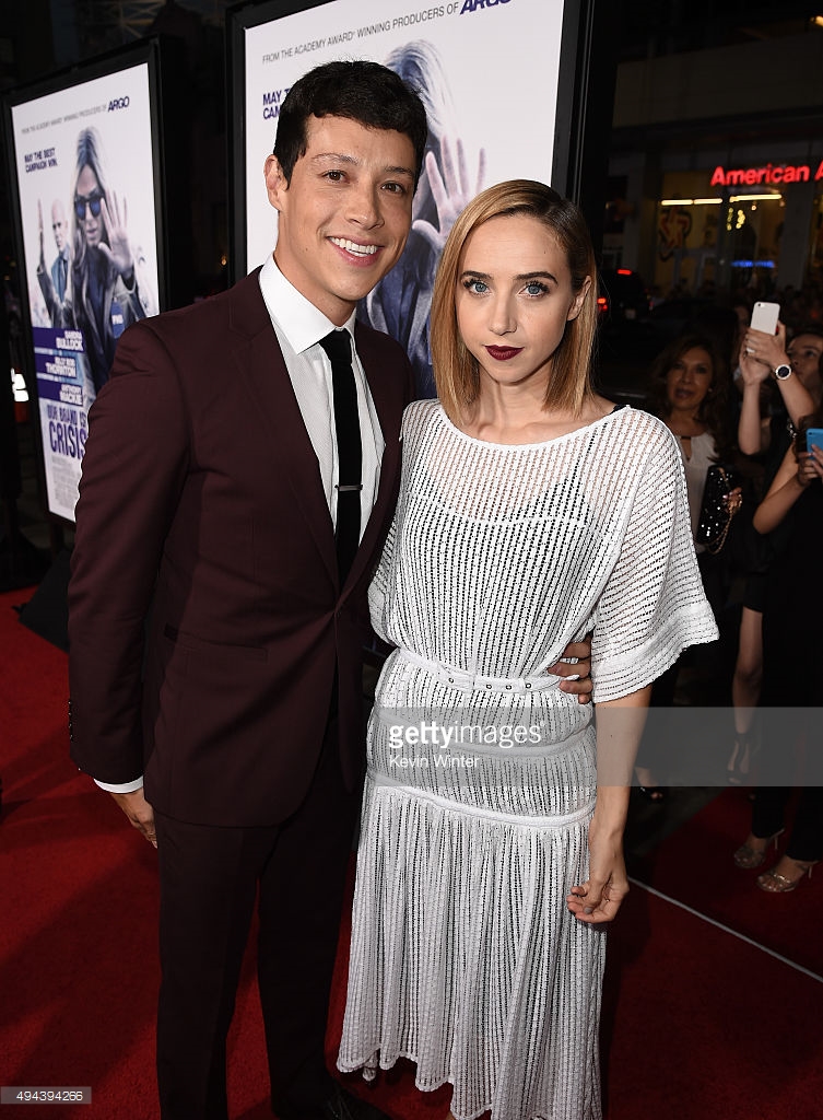 Actors Reynaldo Pacheco (L) and Zoe Kazan attend the premiere of Warner Bros. Pictures' 'Our Brand Is Crisis' at TCL Chinese Theatre on October 26, 2015 in Hollywood, California.