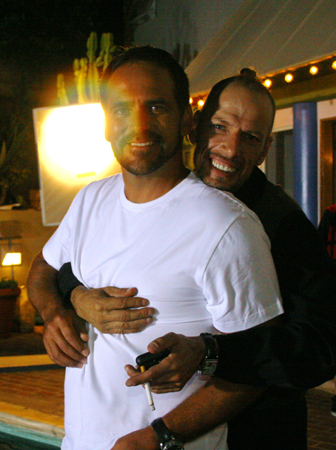 Behind the scene from the movie Delivered, directed by Michael Madison and Linda Nelson. Actor's Frankie Ray and Robert Rusler take a moment to pose for the camera.