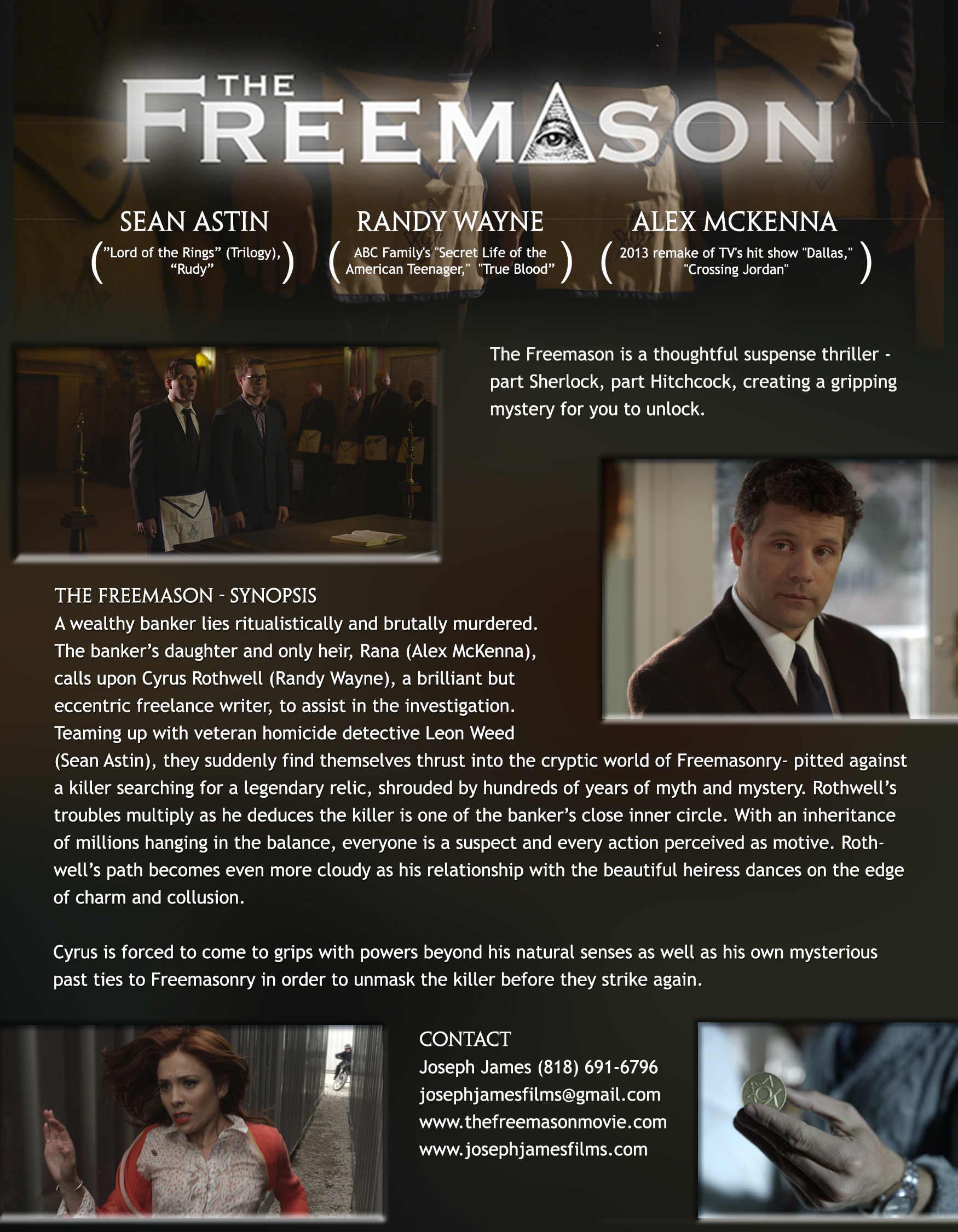 Flyer with information and websites for the movie about the Freemasons produced by Joseph James.