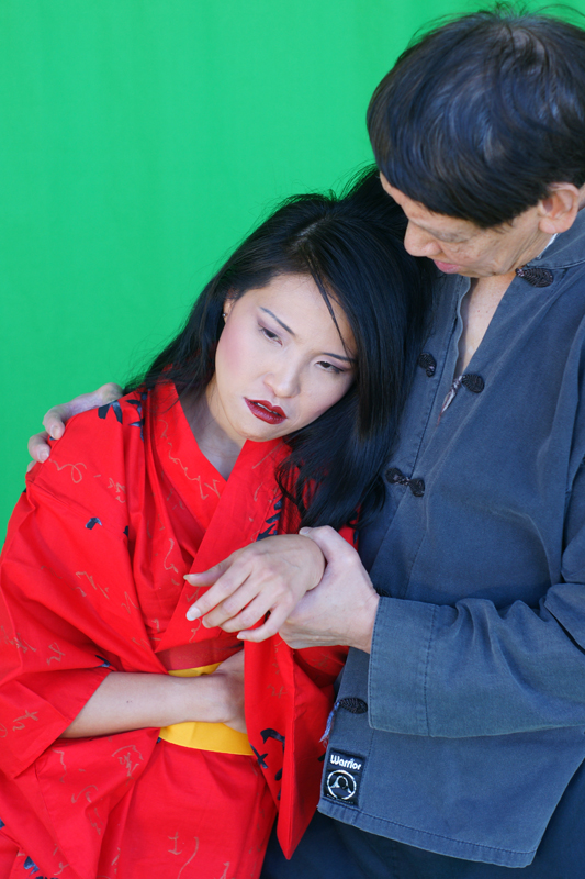 Australian Actress Lai Peng Chan as Mei Lin wounded warrior princess with Dad Kim Yin Chan. Studio Green Screen, Raw Straight from Camera