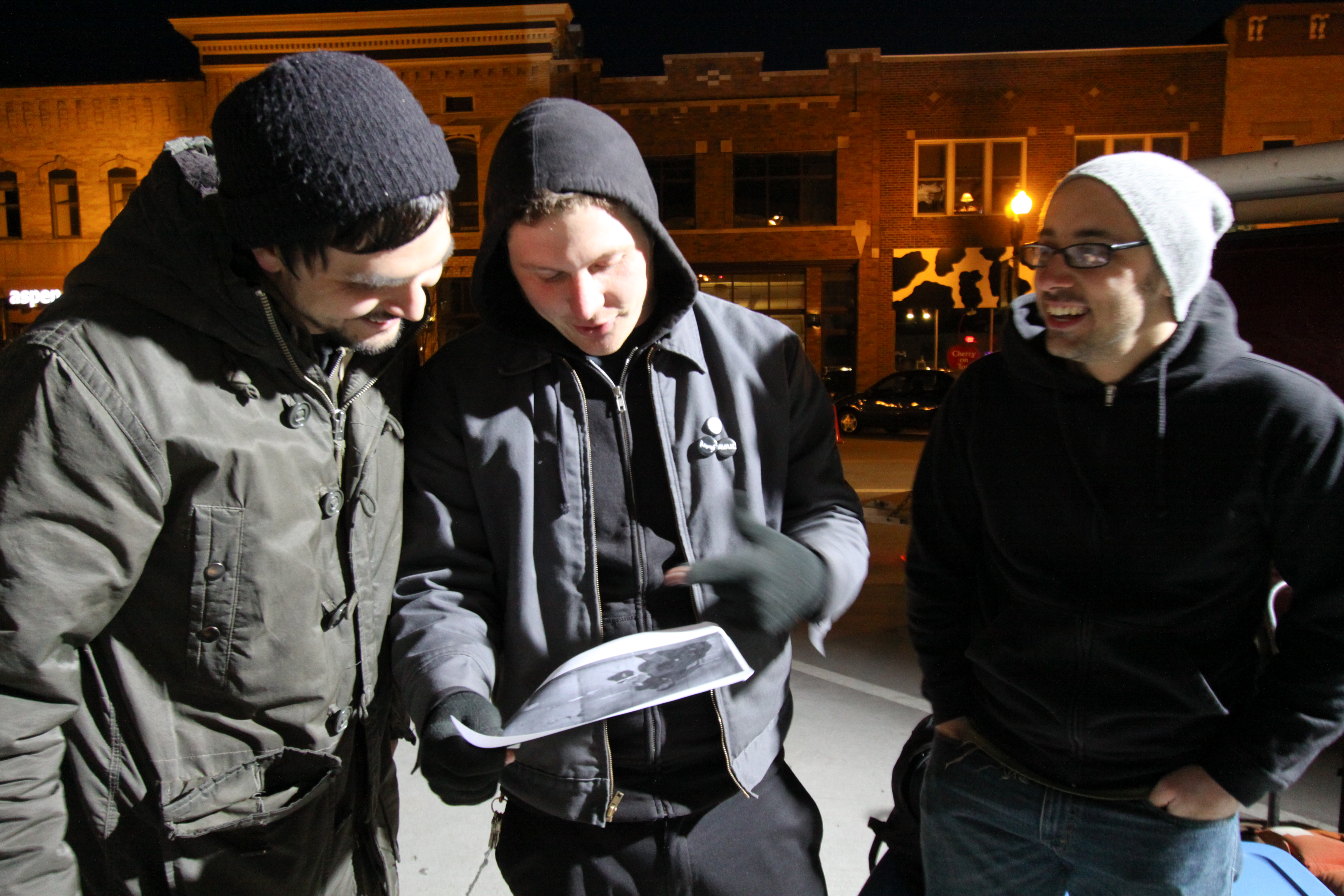 Actor Joe Belknap and co-writers/directors John Pata and Adam Bartlett look over story boards while filming Dead Weight.