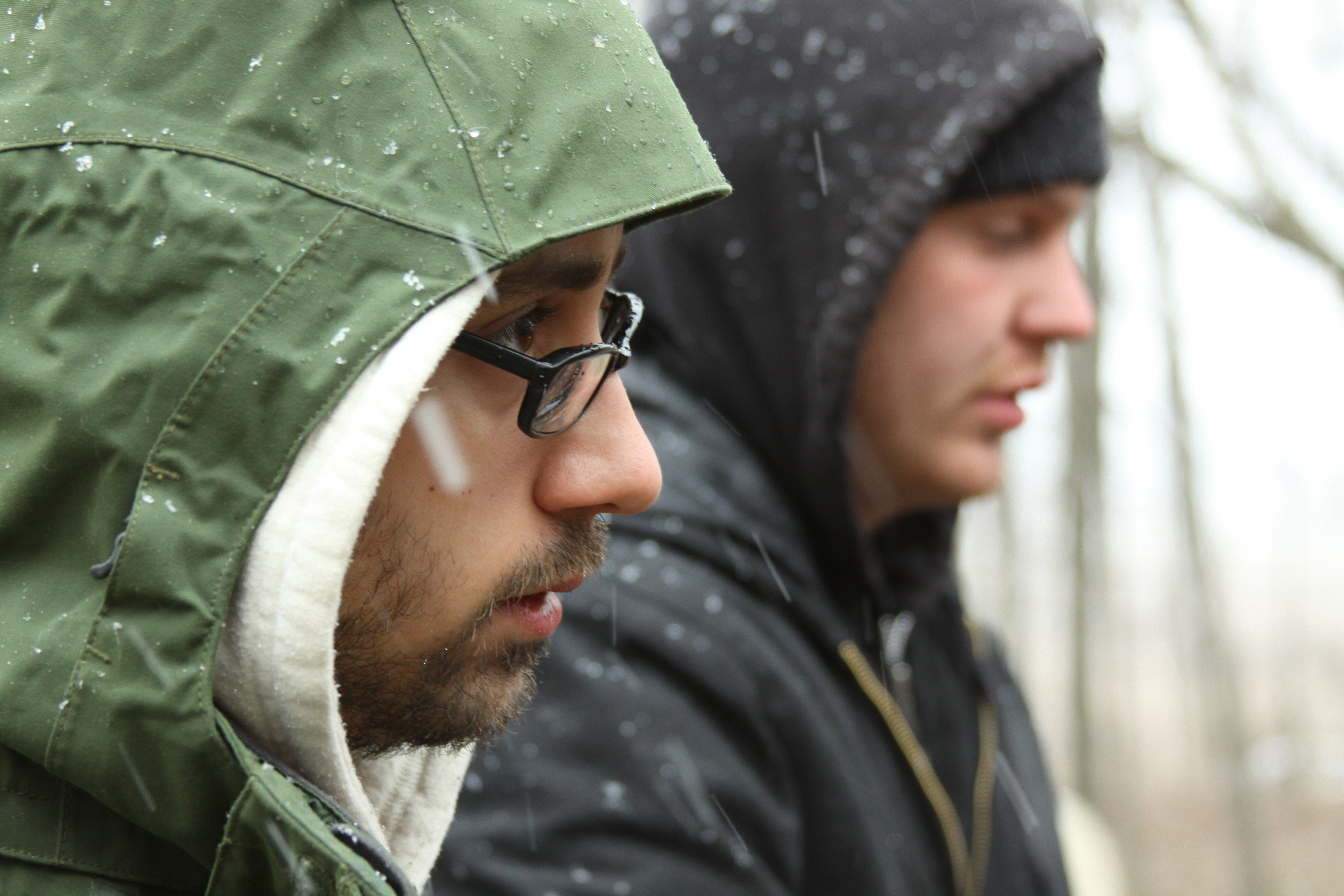 Co-writers/co-directors Adam Bartlett and John Pata attempt to mentally prepare to film in an oncoming blizzard.
