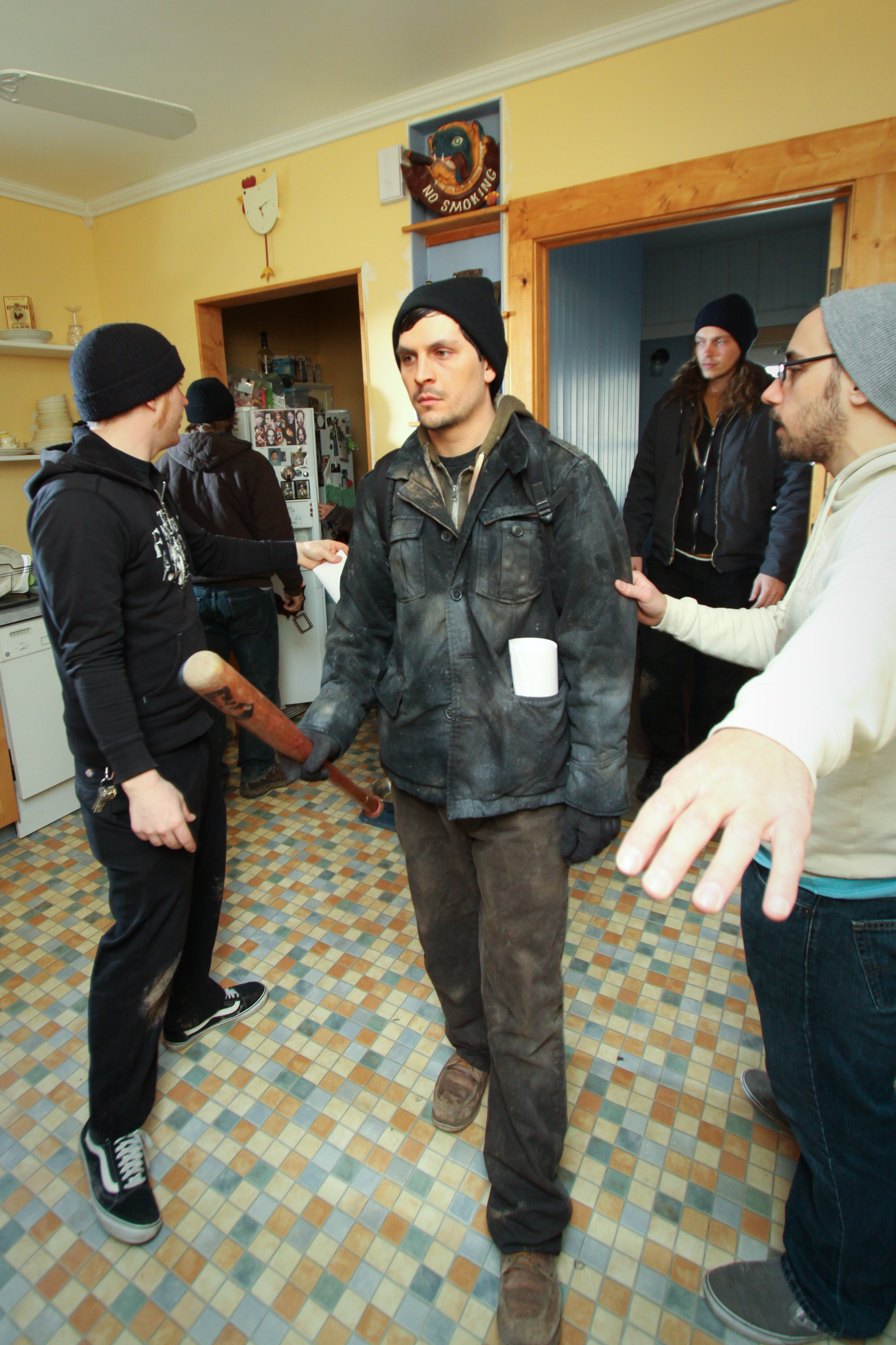 Co-writers and co-directors Adam Bartlett and John Pata walk through a scene with actors on the set of Dead Weight, second day of filming.