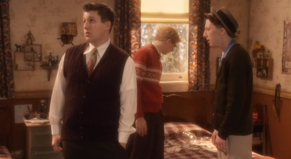 David Buehrle (left) as Schwartz, Braeden Lemasters (center), and David Thompson (right), in A Christmas Story 2.