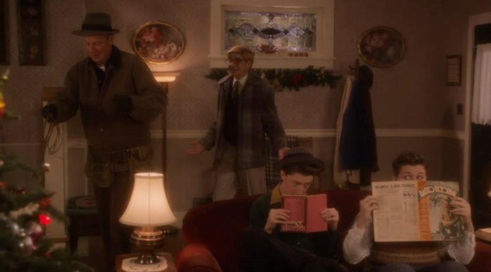 Daniel Stern, Braeden Lemasters, David Thompson, and David Buehrle (right), in A Christmas Story 2.