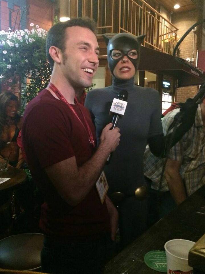 Patrick Donahue interviewing Adrianne Curry at San Diego Comic-Con.