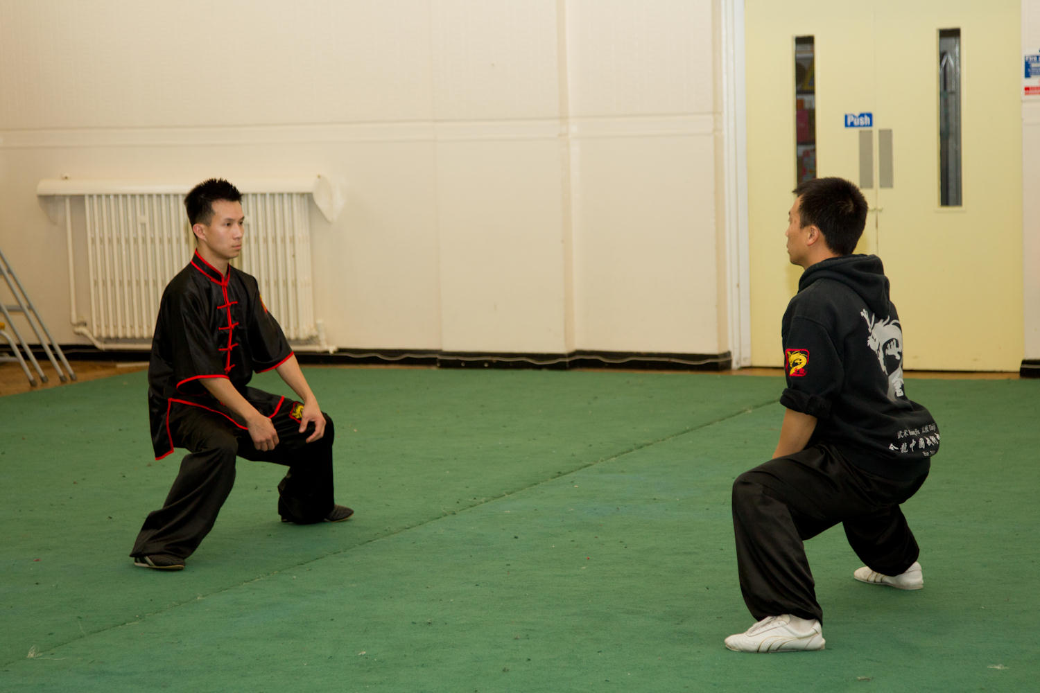 Training Wushu kung fu, Horse Stance technique with Master.