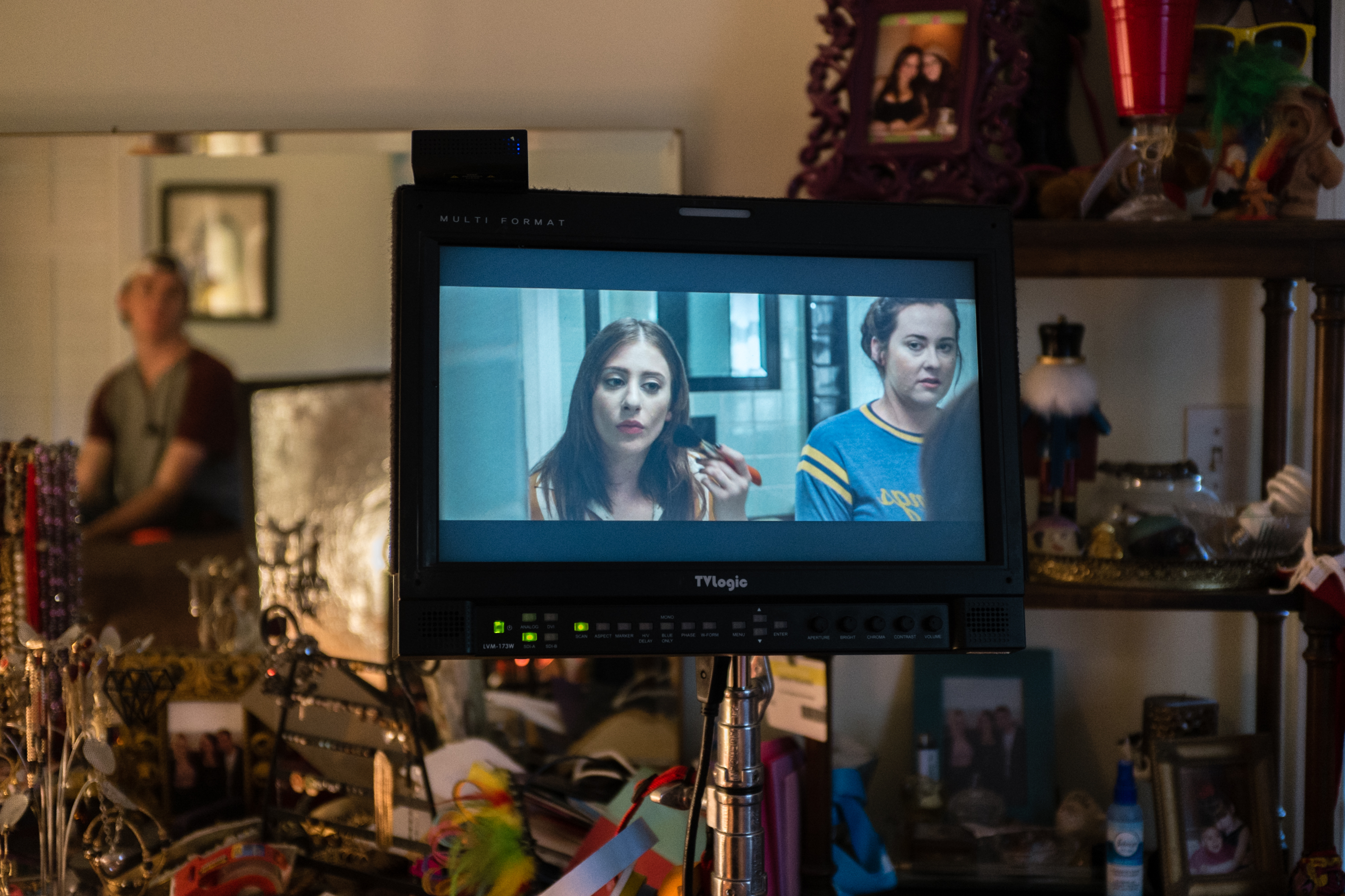 Bryn Woznicki & Chelsea Morgan in the monitor, 1st AC Sean Goode in the background. On the set of 