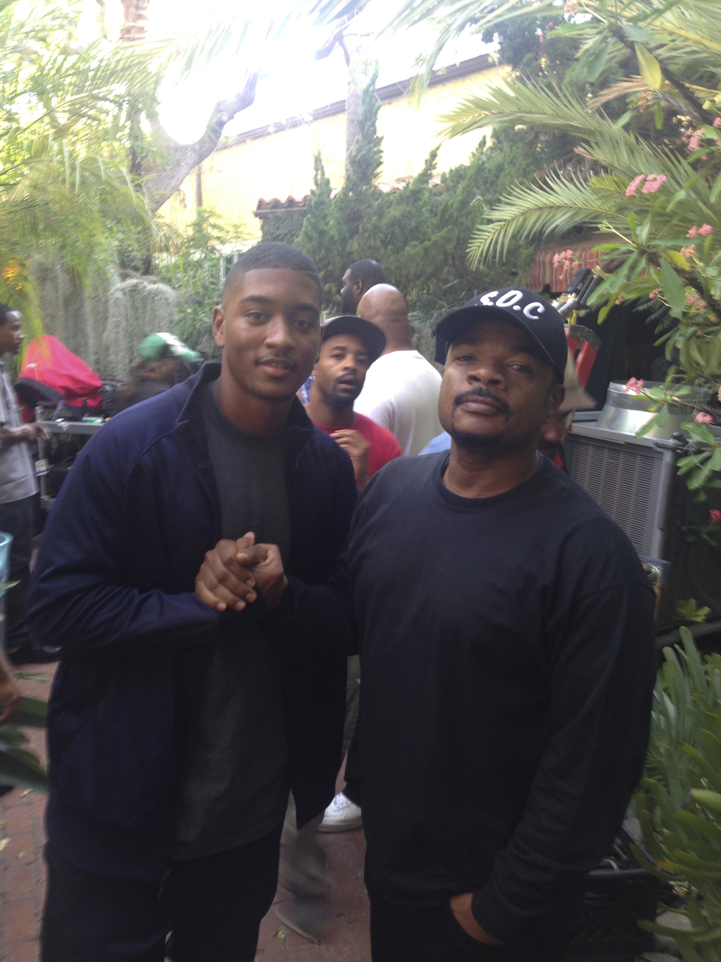 F. Gary Gray and Sheldon A. Smith on the set of Straight Outta Compton