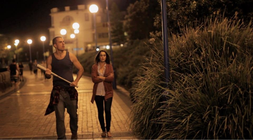 Still of Peter Cameron and Vanessa Buckley on the set of Bush Boys.