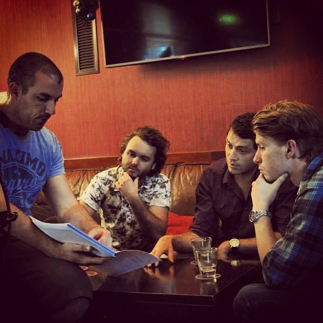 Peter Cameron, Dave White, Clayton Moss and Nick Wright on the set of Drunk.