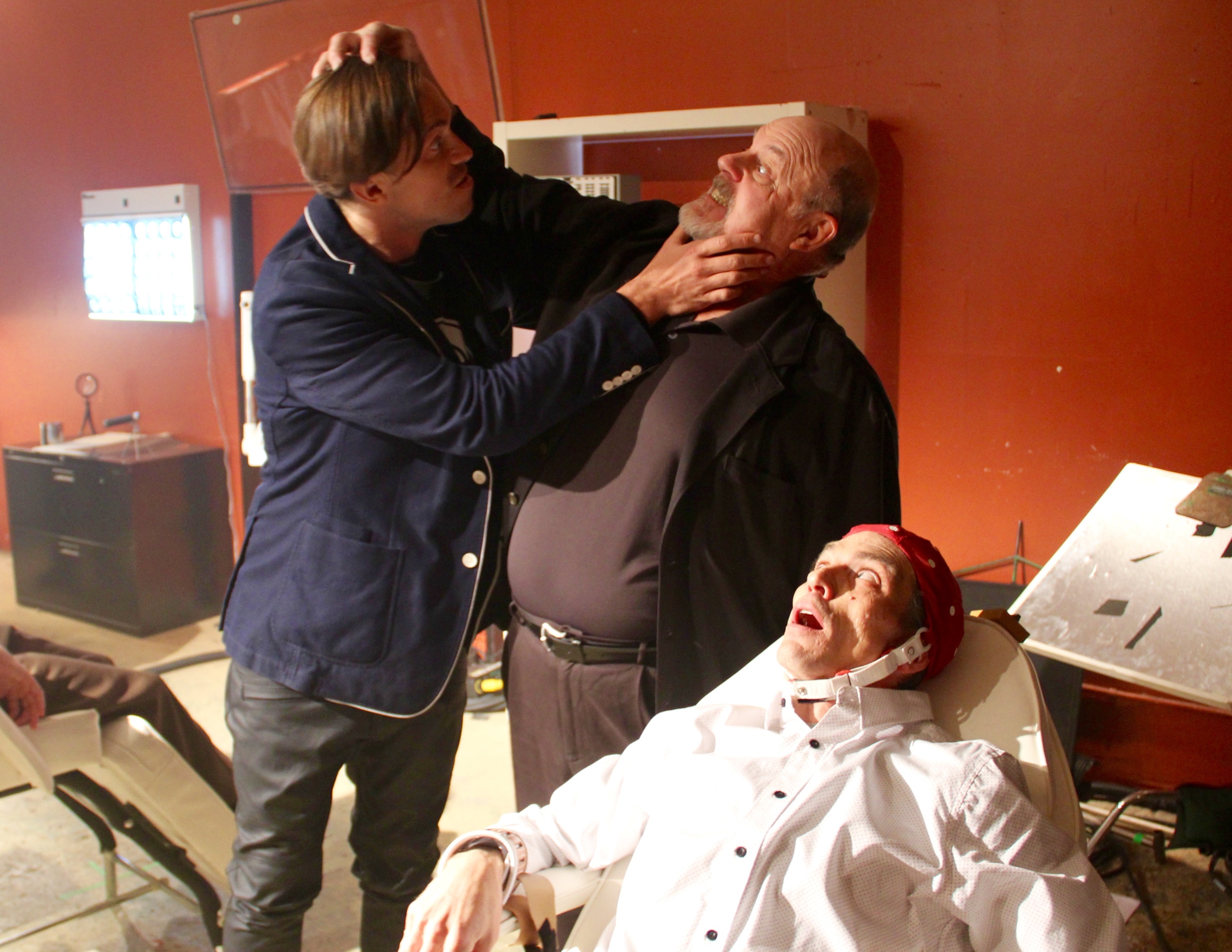 Serge Levin, Michael Ironside, and Charles Baker on the set of Abysm.