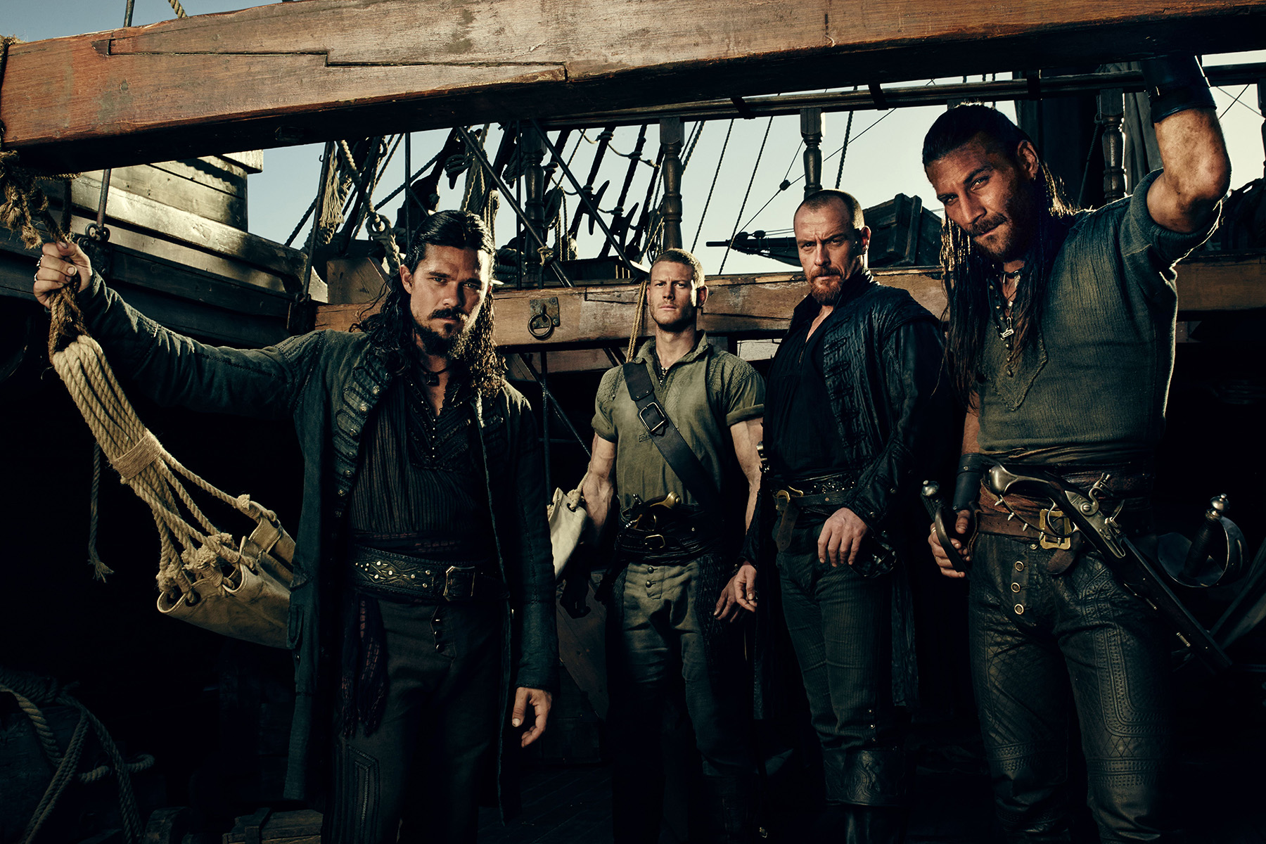 Still of Toby Stephens, Zach McGowan, Luke Arnold and Tom Hopper in Black Sails (2014)