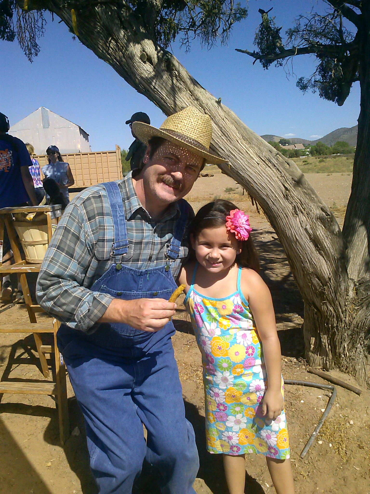 Carmina Garay and Nick Offerman on the set of Funny or Die's Pizza Farm for the American Heart Association