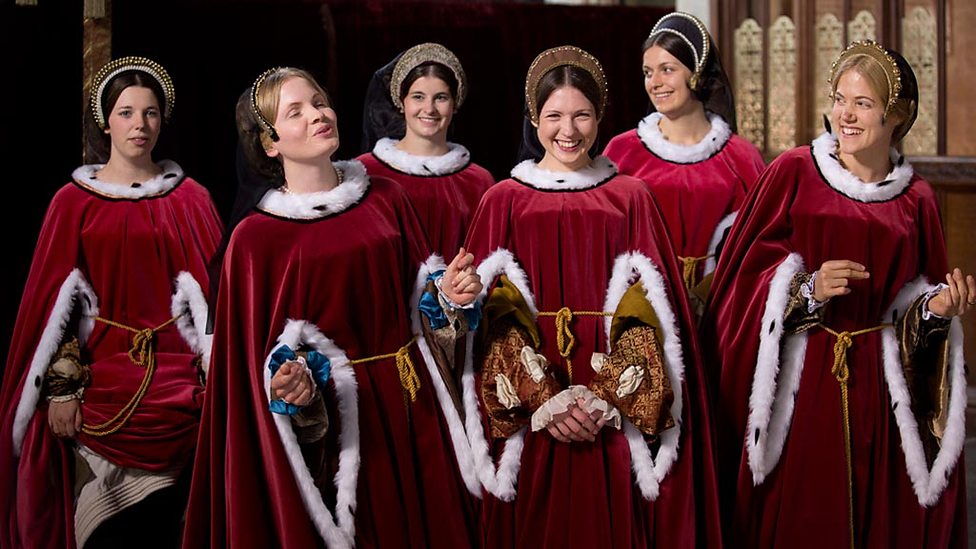 Hannah Steele with Kate Phillips and Charity Wakefield on the set of Wolf Hall