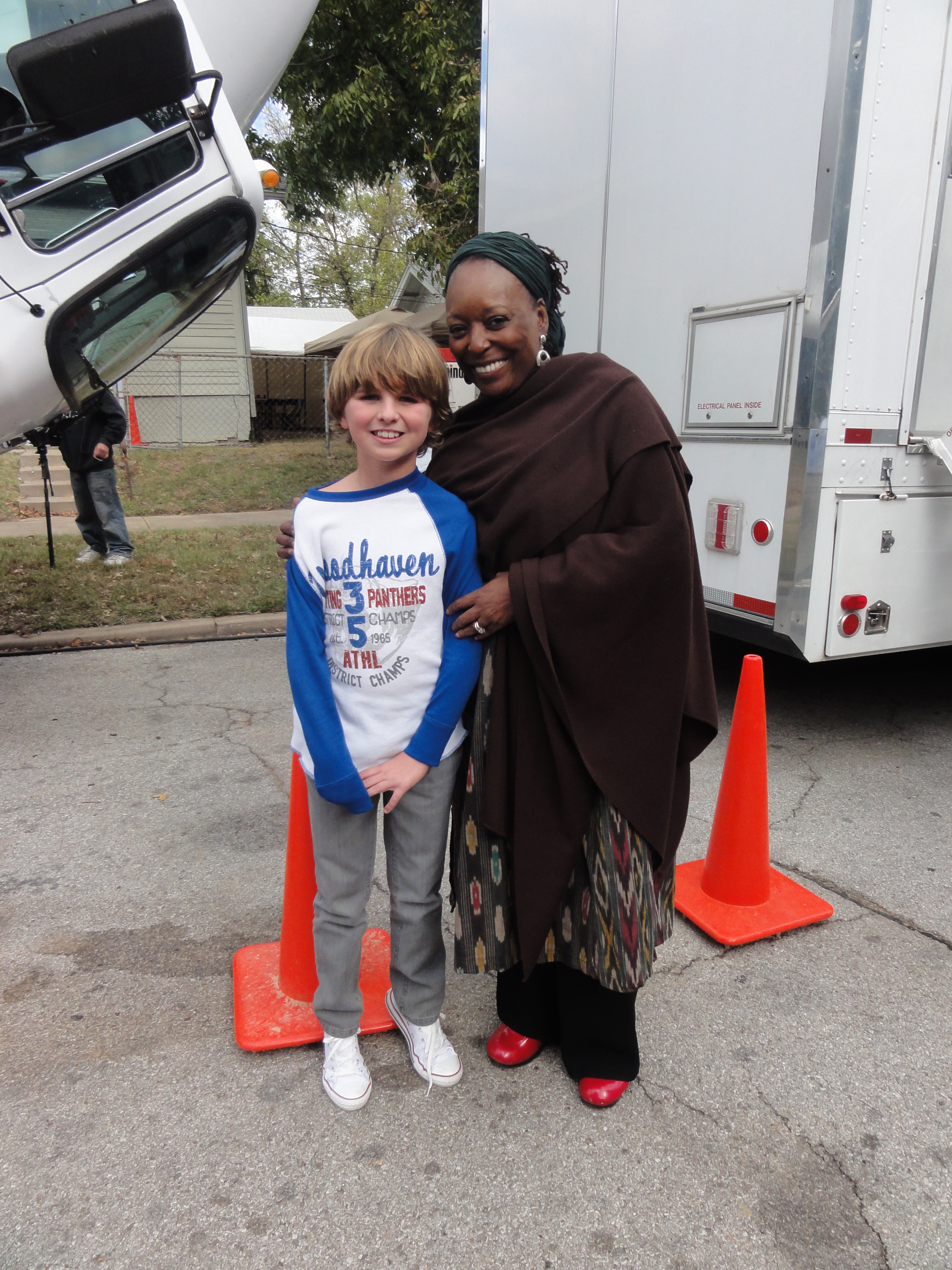 Greyson Moore with L. Scott Caldwell on the set of The Lamp.