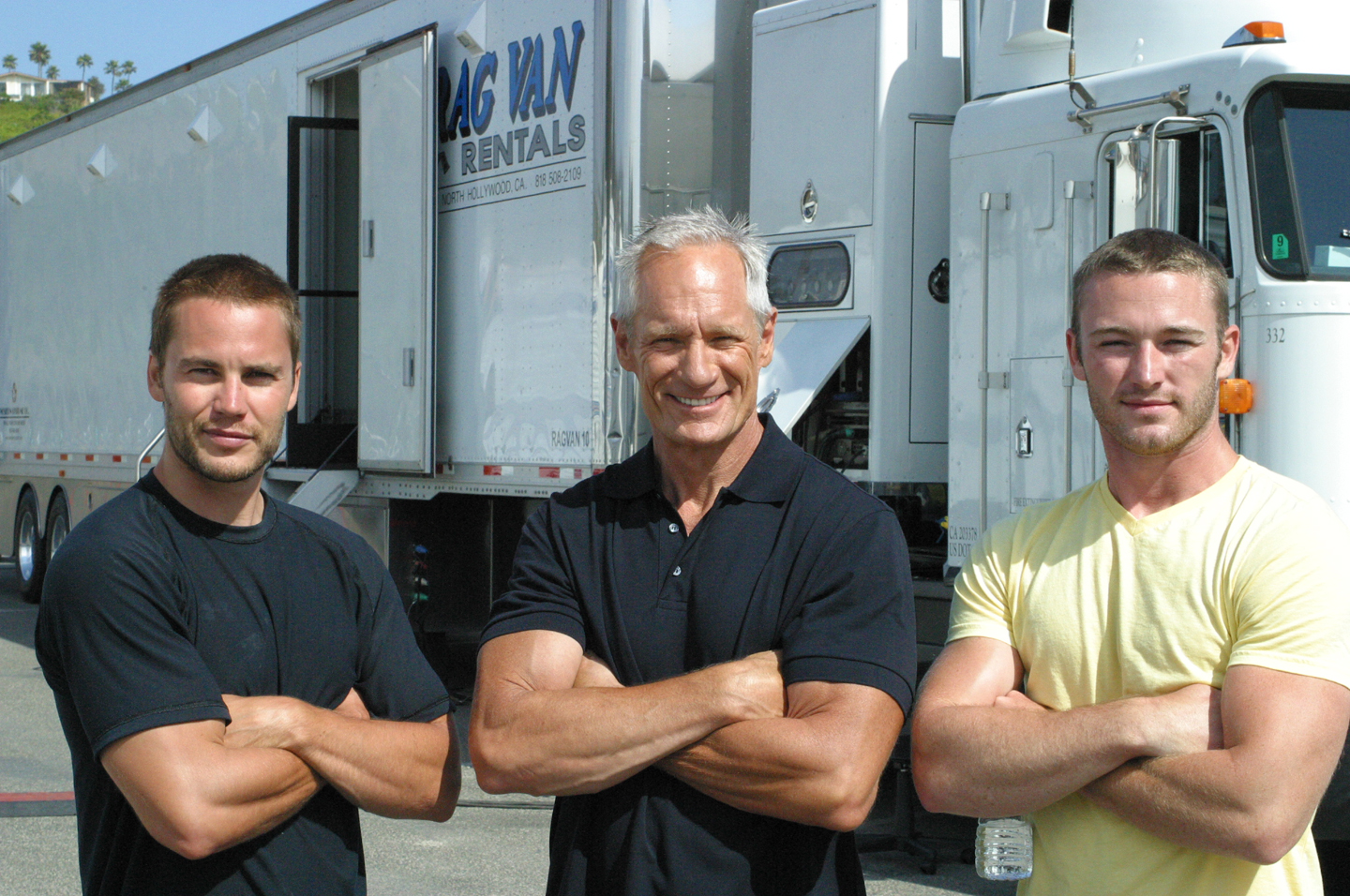 Taylor Kitsch, Matt Riedy and Jake McLaughlin at base camp on Oliver Stone's 