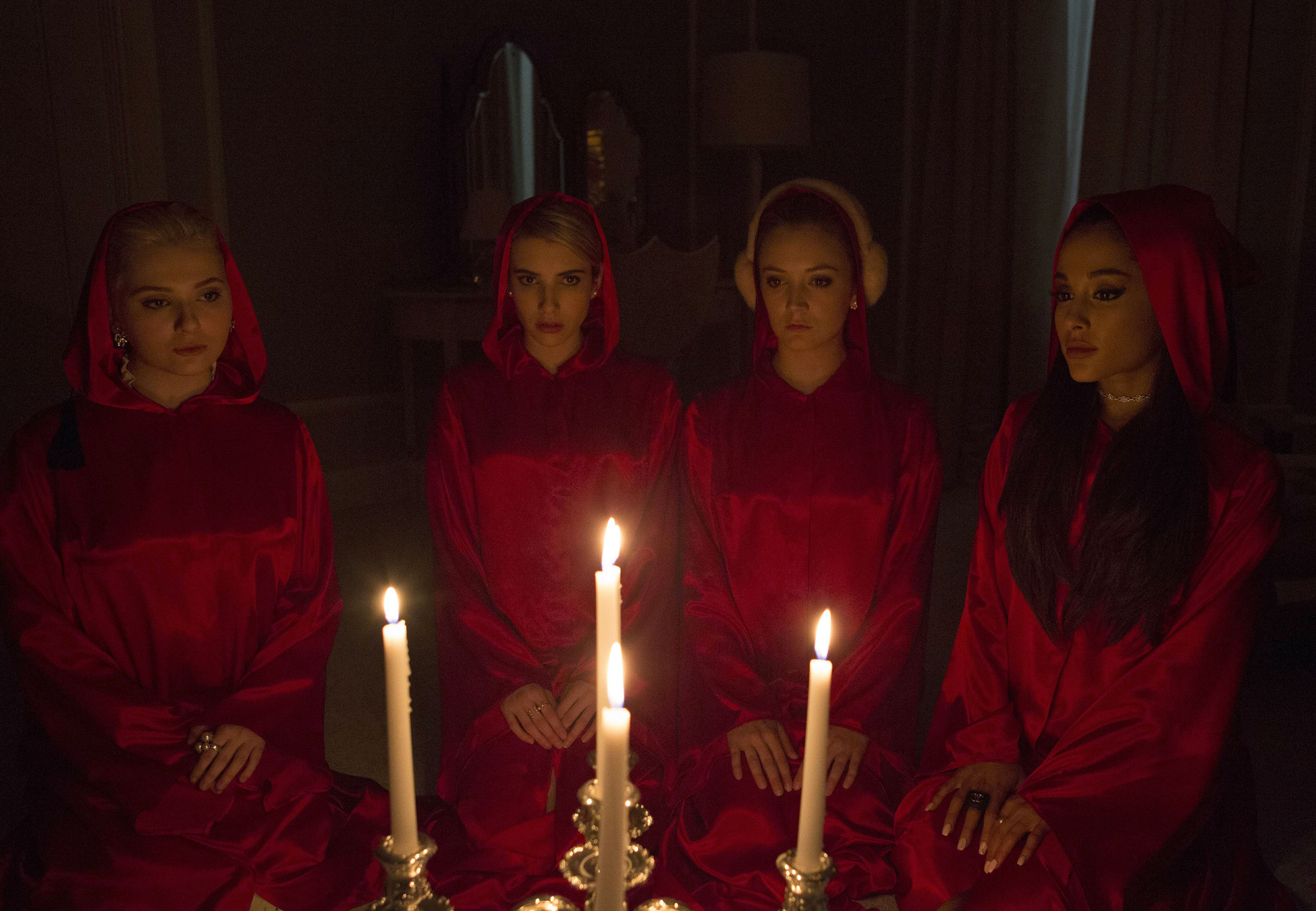 Still of Emma Roberts, Abigail Breslin, Ariana Grande and Billie Lourd in Scream Queens (2015)
