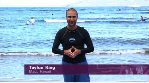 Reporter Tayfun King, Surfing, Maui, Hawaii, BBC World News television travel show 