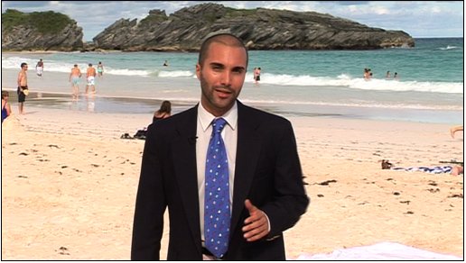 Reporter Tayfun King, Bermuda, BBC World News television travel show 